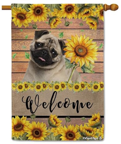 Ganshan Bi Mops-Sonnenblumen-Hausflagge Hund Willkommen Frühling Sommer Holzdruck Flagge Banner Außen Hof Dekor 71,1 x 101,6 cm doppelseitig Stil 1