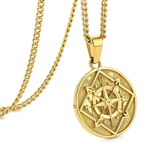 murtoo Gold Kreisförmig kette herren, halskette kette, silberkette herren, kompass kette, kompass anhänger, edelstahl kette, anhänger kette, geschenk herren 60cm
