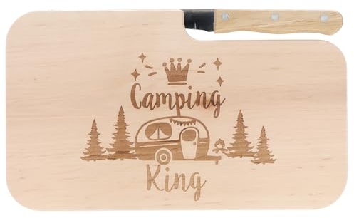 Spruchreif | Brotzeitbrett mit Messer Camping King – Graviertes Holzbrett mit Camper-Motiv | Lustiges Geschenk für Männer & Campingfreunde