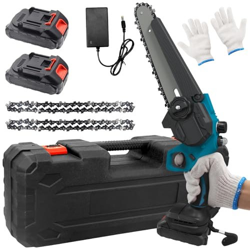Mini Chainsaw, 8-Inch Electric Chainsaw Cordless, Handheld Mini Pruning Shears Chainsaw with 2 x 4000 mAh Rechargeable Batteries for Tree Trimming Wood Cutting, Charger Included, Blue