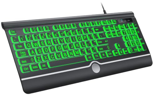 KOPJIPPOM Large Print Backlit Computer Keyboard, USB Full Size Wired Keyboards with 7-Colors Backlight, Wrist Rest, Light Up Keyboard for Windows, PC, Laptop - Easy to See, Easy to Setup