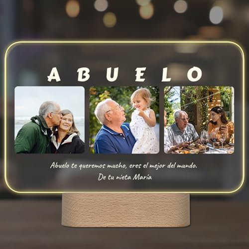 Lámpara Personalizada para Abuelo con Fotos y Texto – Regalo Original para Abuelos – Placa de Metacrilato con Luz LED – Regalos Emotivos para Cumpleaños, Navidad o Día del Abuelo (ABUELO)