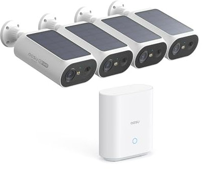 AOSU 2K Überwachungskamera Aussen Solar Akku 4 Cam-Kit mit Station Integrierte Solarplatte 0 Gebühr 32GB Lokaler Speicher AI Personerkennung Licht- & Tonalarm 2-Wege-Audio Farbige Nachtsicht IP65