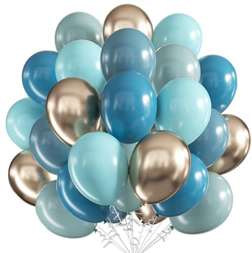 Luftballons Retro Blau, 60 Stück 12 Zoll Staubiges Blau Nylon blau Latex Luftballons Metallic Champagner Gold Luftballons Party Ballons, Party Luftballon für Geburtstag Hochzeit Babyparty Dekoration