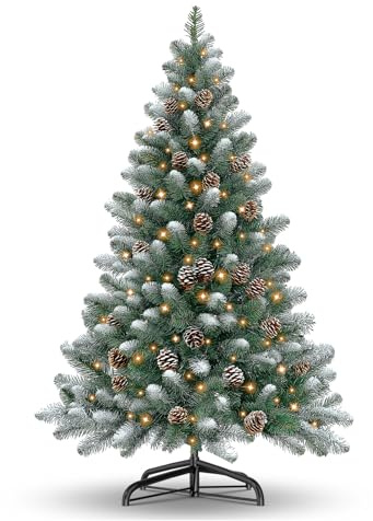 Kuro sagol 120 cm Tannenbäume Künstliche mit Schnee und Tannenzapfen – schwer entflammbarer Weihnachtsbaum mit einfachem Aufbau – Stabiler Christbaumständer für eine realistische Festtagsdekoration