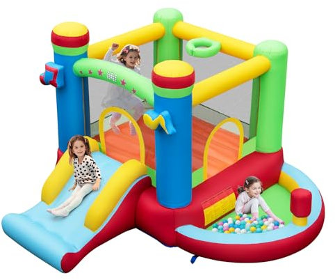 COSTWAY Hüpfburg mit Rutsche, Sprungbereich, Basketballkorb, Bällebad & Boxbereich, für Indoor und Outdoor, inkl. Tragetasche, Reparaturset, 294 x 290 x 190 cm