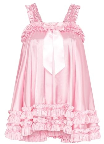 Satini Nuisette Sissy Satin Brillant Volants Étagés | Ourlet à Deux Niveaux, Nœud Ruban, Bretelles Larges Élastiques, Coupe Ample, Travestissement, Tailles S-XXL