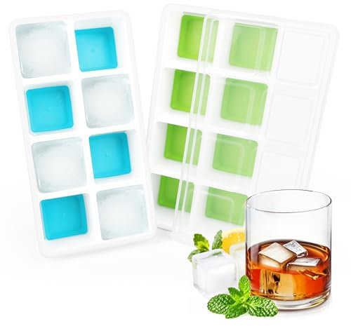 2 Pack Grands Bacs à Glaçons, RISVOWO Moule à Glaçons Silicone avec Couvercle, Ice Cube Tray Empilable, Glçons Carrés, Glacon Moule Reutilisable pour Whisky, Cocktail, Glaces, Boissons(Bleu+Vert)