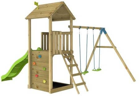 TP Toys Wolkenkratzer 4 Spielturm mit Rutsche & Schaukel | Kinder Spielhaus aus Holz | FSC®-Zertifiziert | Kletterwand & Sandkasten | Outdoor ab 3 Jahren