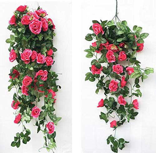 OWOHYG Fiori Artificiali e secchi, 2 Pezzi, 35 di Rose Artificiali, Bouquet di Fiori da Parete, Ghirlanda di edera, Vite di Seta, Verde per Matrimoni, Decorazioni per la casa (Rosa Shocking)