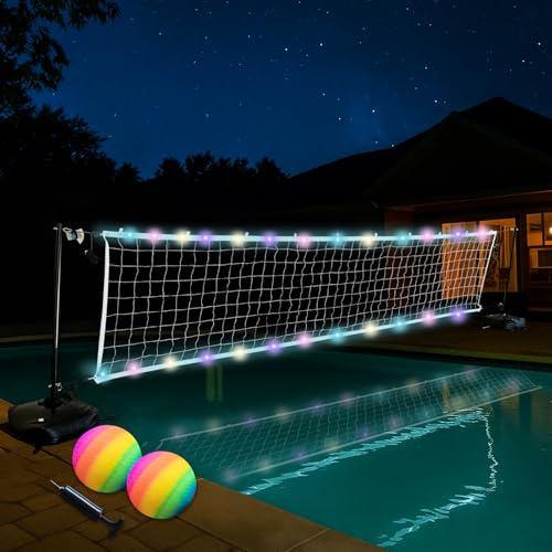 Pool-Volleyballnetz-Set mit LED-Lichtern, Volleyballnetz mit beschwerten Böden und verstellbarer Länge von 4,5 m - 12,8 m für Innenpools, tragbares Wasser-Volleyball-Spiel mit 2 Bällen und Pumpe für