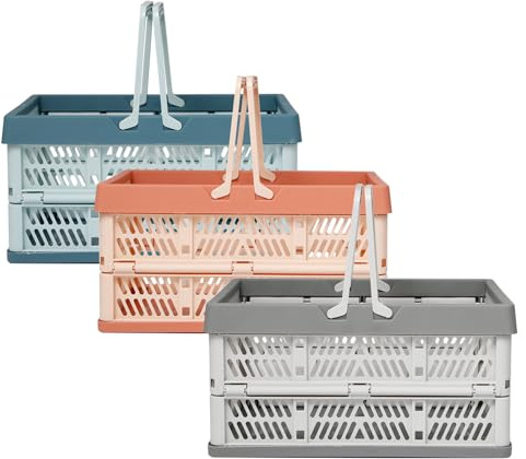 Pilikoll 3 Stück Faltbarer Klappbox Klein mit Griffen (30.5x20.5x16.5cm) | Camping Klappbox Plastik, Platzsparend Faltkiste Einkaufskorb Faltbar, für Küche Bad Büro Schlafzimmer Schrank