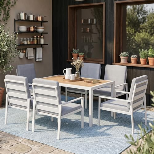 LANOX Gartenmöbel Set 6 Stühle mit Tisch – 7-teiliges Garten Essgruppe aus Metall & Aluminium, Gartentisch 140×80 cm, wetterfest, mit Kissen & WPC Tischplatte, Weiß