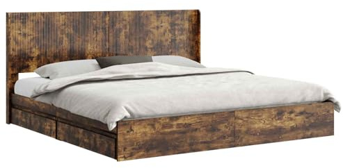 vidaXL Bettgestell mit Stauraum und Kopfteil Geräucherte Eiche, Moderner Schlafzimmerstauraum-Bett, rechteckiger Rahmen, schickes Latten-Design, platzsparendes Möbelstück