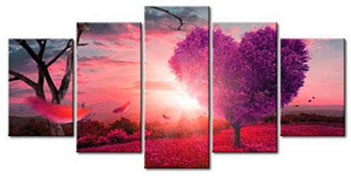decomonkey - Impression sur Toile Campagne 200x100 5 Pièces - Tableau Décoration Appartement Déco Salon Bois arbres fleurs prairie forêt feuilles amour nature paysage plantes coeurs soleil