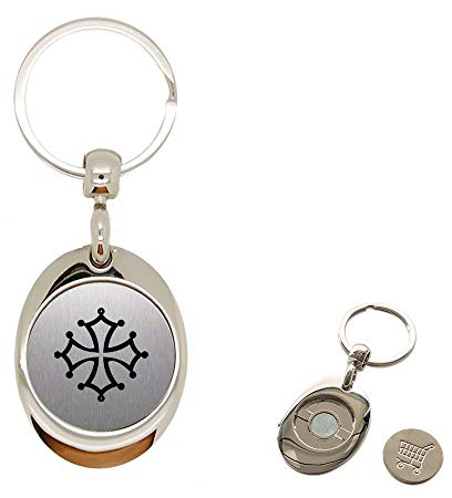 Porte clé en Métal alu brossé avec jeton aimanté gravé Croix Occitane