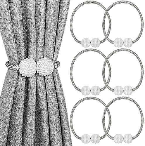 Melaluxe 6 Pack Magnetic Curtain Tiebacks, Decorative Curtain Holdbacks for Window Décor (Grey)