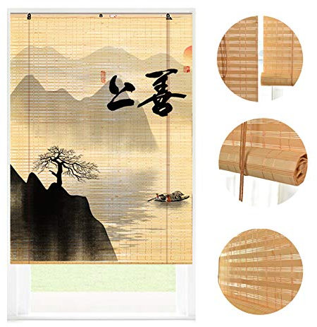 LIANGJUN Bamboo Curtain Roller Blind Roman Window Shades, Light Filter Retro HD Pattern Hanging Picture Japanese-style With Drawstring Adjustable Window Door Patio Restaurant