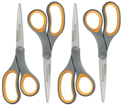 Westcott Titanbeschichtete Schere, weicher Griff, 20,3 cm, gerade, grau/gelb, 4 Stück