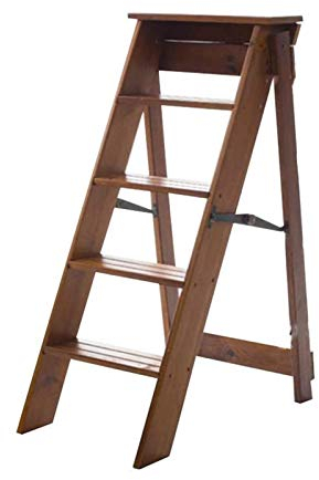 Wooden Folding 5-steps Stools Safety Step Ladder, Multi-Purpose Portable Stepladder Home Garden Library Climb Ladder, Wood Color