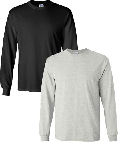 Gildan Men's Ultra Cotton Long Sleeve T-Shirt, Style G2400, Black/Ash Grey(2 Pack), Large