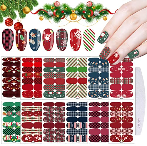 EBANKU 12 Sheets Christmas Full Wraps Nail Stickers Self-Adhesive Art Snowman Snowflake Wrap Decals Manicure Decoration for Women Girls With 1pc File