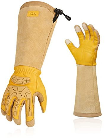 Vgo... 1 Paar Gartenhandschuhe, Arbeitshandschuhe für Landwirtschaft aus Rindsleder, extra lange Stulpen, pannensicher, abriebfest, stoßfest (CA9659)