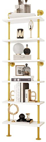 Industrial Pipe Shelf Rustic Wood Wall Shelf Ladder Bookshelf Wall Mounted Storage Decor Shelf for Home, Office, Living Room(6-Tier)-Gold