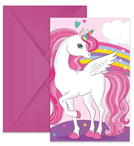Procos 93766 - Einladungen Unicorn Rainbow Colors, FSC® Mix, 6 Stück mit Umschlag, Geburtstag, Mottoparty