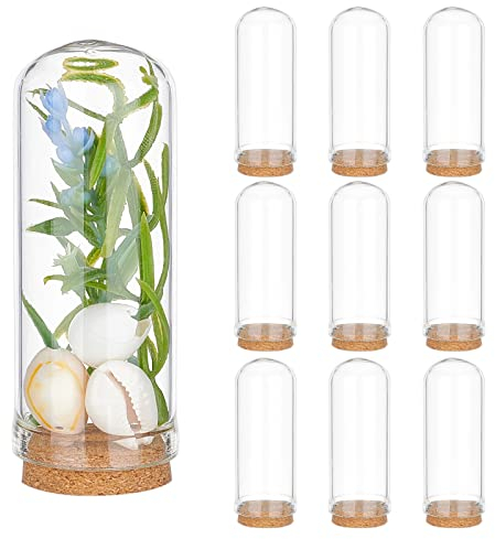 PH PandaHall 10pcs Mini Cloches Dôme en Verre, Cloches D'affichage avec Base en Liège Bouteilles de Décoration en Verre pour Fleurs Faveurs de Fête de Mariage Arts Artisanat Décorations, 2.8 X 7.1cm