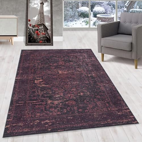 HomebyHome Kurzflor Teppich Läufer Flur 80x150 cm Rot, Vintage Design - Orientalischer Teppich, rutschfest, Waschbar und Weich - Ideal für Schlafzimmer als Bettvorleger und Küchenläufer