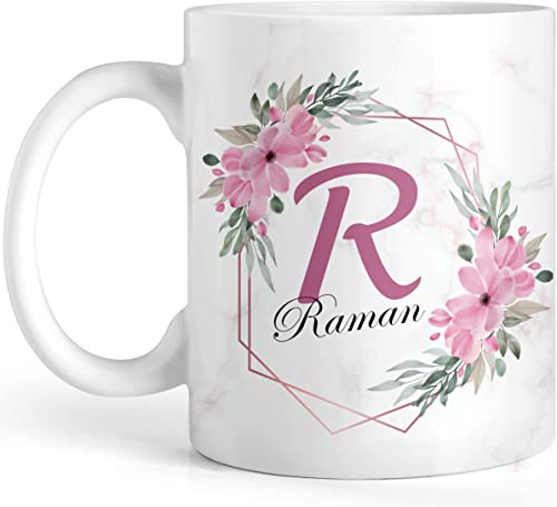EKAM Personalised Tea Mug with Initial Name - Best Floral Marble Mug - Customised Gift for Valentine’s Day, Birthday, Christmas Day for Mom, Dad, Kids, Friends or Girls, 11oz Ceramic Cup (Design 4)