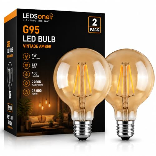 Vintage Screw LED Bulb 4W G95 40W Eq 450LM 2700K Warm White Dimmable Pack 2 | Edison LED Light Bulb 4W G95 E27 Bulb 40W Equivalent Energy Saving Decorative Bulbs Retro Antique Lamp