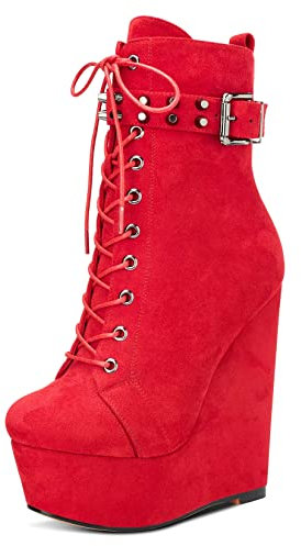 HDEUOLM Donna Alto High Zeppa Piattaforma Tacco Heel Rotonda Punta Stivaletti Lacci Cerniera Scarpe Rosso 44 EU