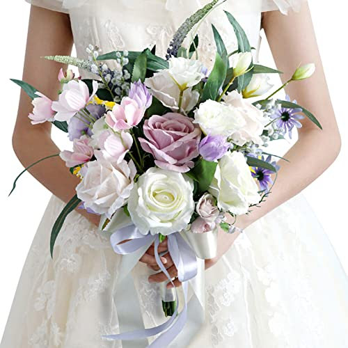 Uposao Brautstrauss Hochzeit Blumenstrauß,Koreanischen Stil Gefälschte Rose Blume Hochzeit Künstlich Blume Blumenstrauß künstlicher Rosenstrauß Dekoration für Braut oder Brautjungfern,Rosa Weiss