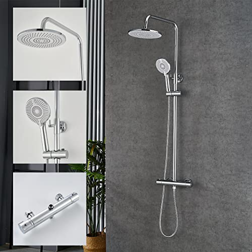 Plumbsys Redondo Conjunto de ducha Termostática ,Cromo Sistema de ducha Termostática,Ducha de lluvia superior de 10In