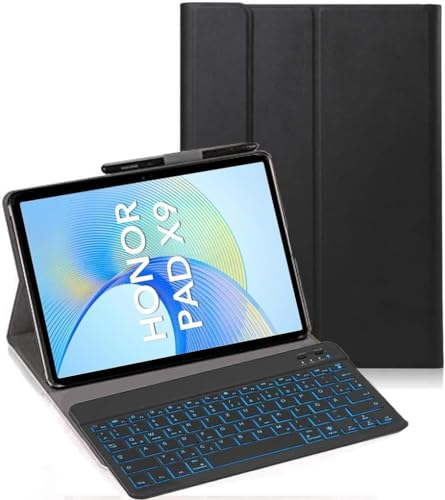 YHFZR Tastatur Hülle für Honor Pad X9a/ X9/ X9 Pro 11,5 Zoll, [QWERTY Layout] Ultraslim Hülle mit 7 Farben Beleuchtung Kabellose Tastatur mit Schützhülle, Schwarz