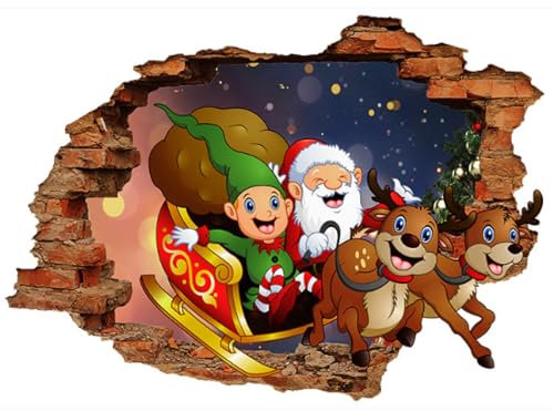 2-teilige 3d Zerbrochene Wand Elch Weihnachtsmann Wandaufkleber, Wohnzimmer, Kinderzimmer, Weihnachtsdekoration, Selbstklebende Papiertapete, 50 Bis 70cm