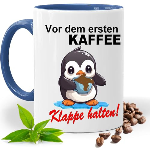Tasse mit Lustigem Spruch Vor dem ersten Kaffee Klappe halten!, Pinguin |Geschenk Idee| Kaffee Tee Tasse | Fototasse, Motivtasse |Keramik (Blau)