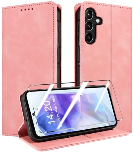 QHOHQ Cover per Samsung Galaxy A55 5G + Vetro Temperato, [RFID Antifurto], Libro Custodia Portafoglio Premium Pelle PU, [Multifunzionale], Chiusura Magnetico Aletta Antiurto Case (Retrò) - Rosa