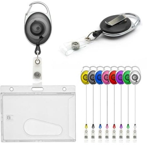 CKB LTD Ausweishalter, einziehbares Spulen-Set, Kombi, einseitig, geschlossener Auswurfschlitz, horizontaler Ausweishalter für Schule, Büro, Ausweis, Gürtelclip-Befestigung, hält 86 x 54 mm, Schwarz