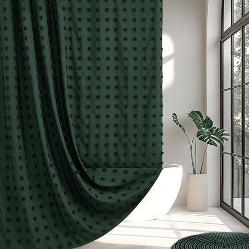 Boho-Duschvorhang, extra lang, Landhaus, gewebter Stoff, Jäger-/dunkelgrün, 183 x 198 cm, getuftet, Plissee, Florale Puffs, strukturiert, modern, Landhaus, minimalistisch, für Badezimmer