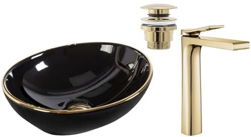 GTM Design Aufzatzwaschbecken mit Armatur - Waschbecken mit Hahn - Waschbeckenarmatur Gold - Aufzatzwaschbecken Oval - Waschbecken Schwarz/Gold Glanz - Aufsatzwaschbecken mit Armatur komplett Set
