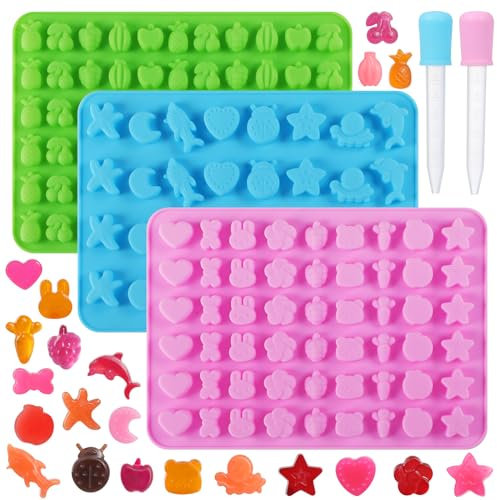 3er-Set Mini-Silikonformen für Gummibärchen & Schokolade - Mit Meeresmotiven, Früchten, Gemüse & Herzen inkl. 2 Pipetten - Ideal für Fruchtgummi, Süßigkeiten, Schokolade & Mini-Eiswürfel