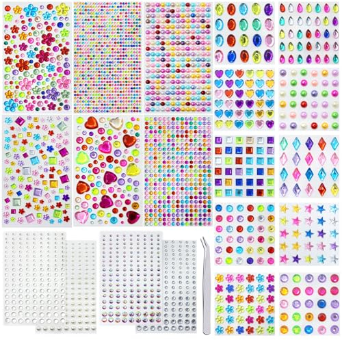 MoguGo 4000 Stück Glitzersteine Selbstklebend Strasssteine Selbstklebend 20 Blätter Aufkleben Schmucksteine Edelsteinaufkleber für DIY Handwerke Nägel Deko Schmuckherstellung und Bastelprojekte