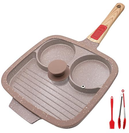 RANX INGST Divided Frying Pan with Lid 3 in 1, Non Stick Ceramic Coating, 26 cm Multi Section Egg Frying Pan with Detachable Handle Breakfast Pan - Brown