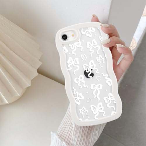 QLTYPRI für iPhone 7/8 Hülle,iPhone SE 2020/SE 2022 Transparent Handyhülle Aesthetic Curly Case mit Schleife Frauen Mädchen Süßes Wellen Design Silikon TPU Bumper Schutzhülle - Weiß/Weiß