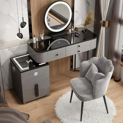 MJKCBD Grey Dressing Table Set with LED Mirror and Chair | Modern Vanity Makeup Table with 5 Drawers & Reversible Smart Cabinet - Bluetooth Speaker & Charging Station for Bedroom