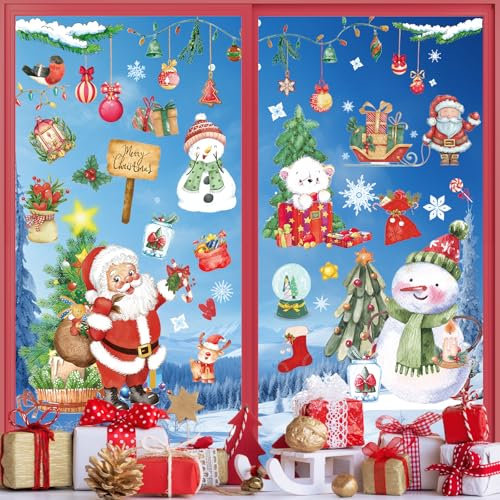 Wothfav 241 Pièces Stickers Noel Fenetre Aquarelle, Reutilisable Autocollant Noel Fenetre, 9 Feuilles Electrostatique Stickers Noel, Decoration Noel Interieur Maison, Deco Noel Stickers DIY Amovibles