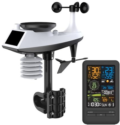 Stazione Meteo Intelligente WiFi, Orologio Digitale con Schermo a Colori, Indicatore Meteo con Sensore Esterno, con Previsioni Meteo, Temperatura, Pluviometro, Umidità, Direzione
